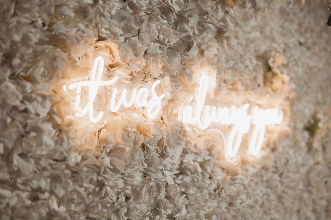 An illuminated script sign reading &ldquo;it was always you&rdquo; mounted on a wall of white flowers.